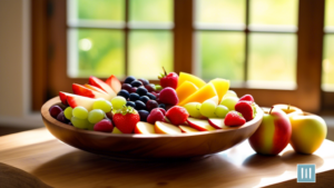 A vibrant fruit platter with sliced apples, grapes, and strawberries on a wooden cutting board next to a bowl of nut-free trail mix, illuminated by natural sunlight. Perfect for allergy-friendly snacking options.