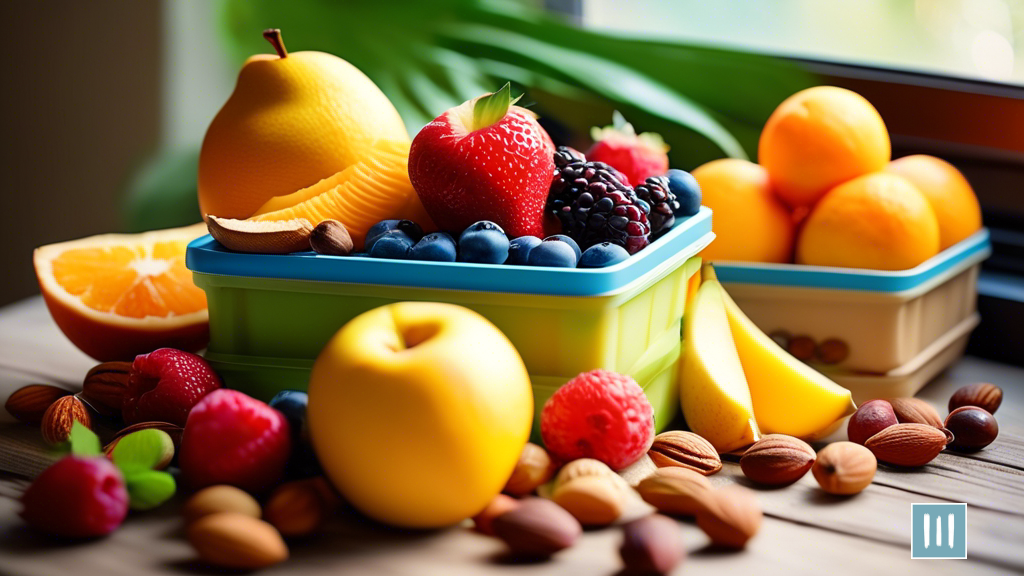 Colorful assortment of fresh fruits and nuts in a portable container, bathed in bright natural light, perfect for convenient on-the-go snacking.