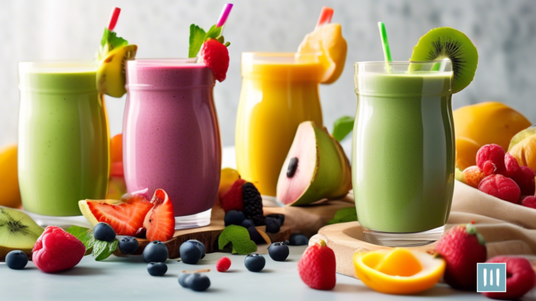 Delicious and Nutritious Paleo Breakfast Smoothie Recipes: A colorful assortment of vibrant fruits and lush greens in clear glass, bathed in bright natural light.