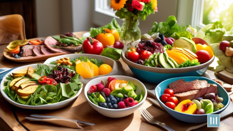 Delicious and Nutritious Paleo Lunch Ideas: A sunlit table filled with vibrant salads, grilled vegetables, succulent meats, and a variety of fresh fruits, perfect for a healthy and satisfying Paleo lunch.