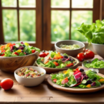 Delicious and Nutritious Paleo Salad Recipes - A vibrant assortment of freshly prepared Paleo salads displayed on a rustic wooden table, illuminated by bright natural light.