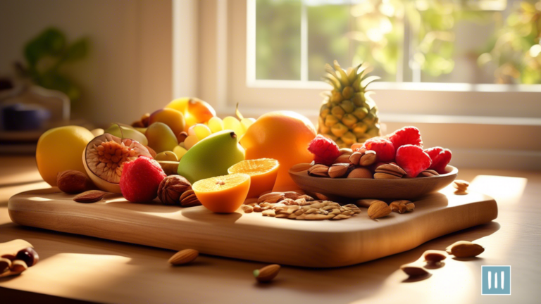 Alt Text: A close-up photo of a wooden cutting board filled with an array of vibrant fruits, nuts, and seeds, basking in the warm glow of natural sunlight streaming through a kitchen window.
