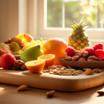 Alt Text: A close-up photo of a wooden cutting board filled with an array of vibrant fruits, nuts, and seeds, basking in the warm glow of natural sunlight streaming through a kitchen window.