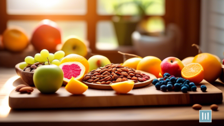 Assorted colorful fruits, nuts, and seeds on a wooden cutting board, bathed in bright natural sunlight for wholesome and tasty Paleo snacks