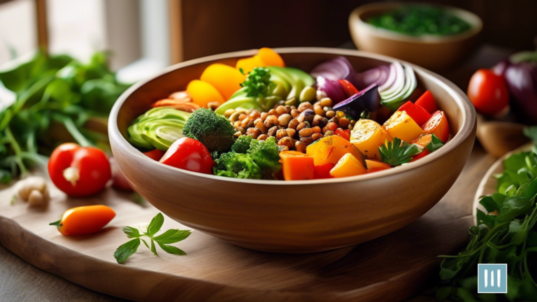 Vibrant and colorful plant-based meal bowl filled with roasted vegetables, grains, and fresh herbs, illuminated by bright natural light, perfect for balanced meal planning