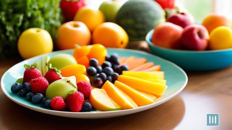 A balanced plate of fruits, vegetables, and lean protein, showcasing the importance of portion control for weight loss in bright natural light