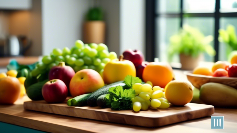 Fresh and colorful assortment of fruits and vegetables on a wooden cutting board in bright natural light, showcasing healthy ingredients for weight loss support with probiotics