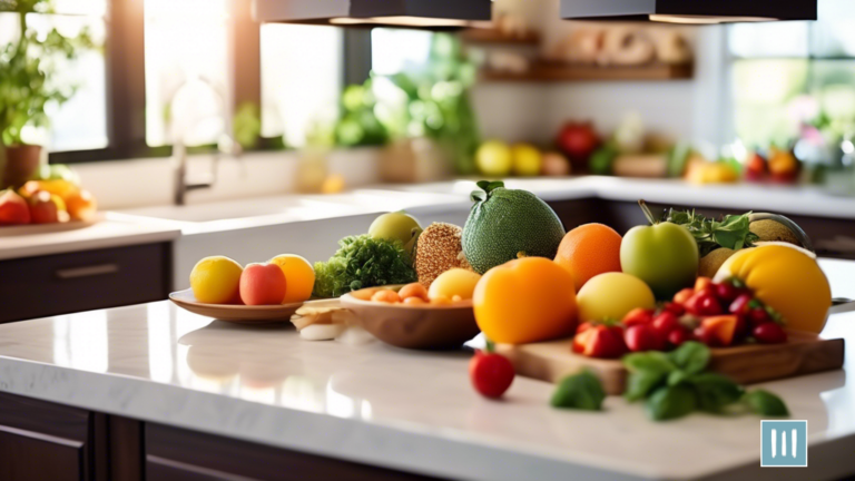 Alt text: Brightly lit kitchen countertop filled with a variety of fresh fruits, vegetables, and grains, showcasing prepped ingredients for quick and easy meal prep.