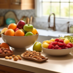 Delicious and Nutritious Quick and Easy Snacks: Fresh fruits, mixed nuts, and sliced veggies with zesty dip on a sunlit kitchen countertop.