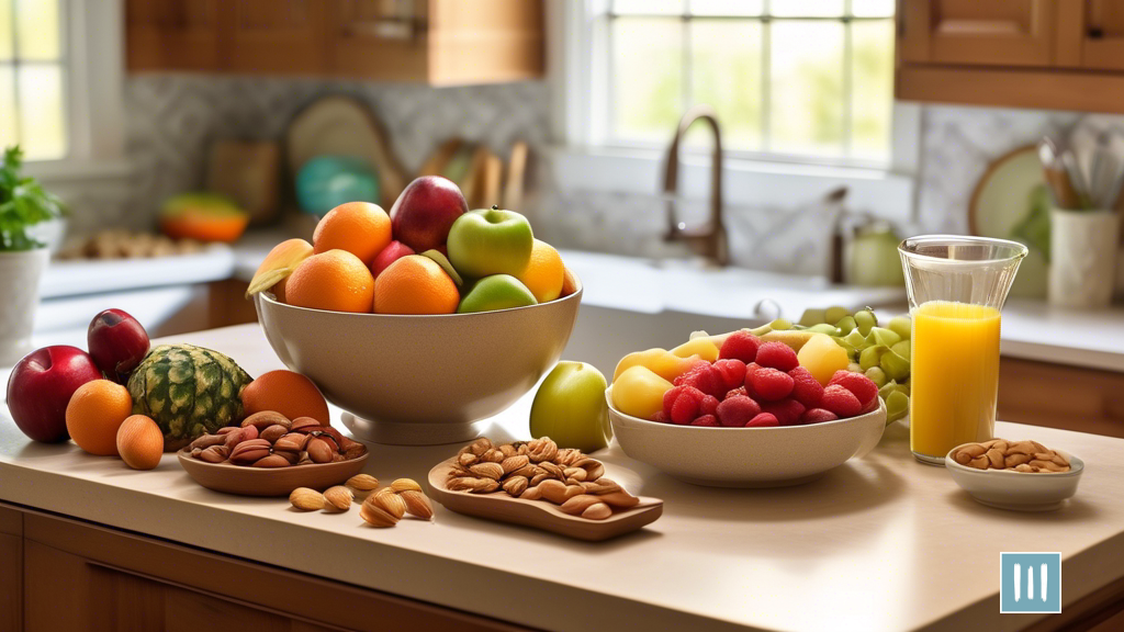 Delicious and Nutritious Quick and Easy Snacks: Fresh fruits, mixed nuts, and sliced veggies with zesty dip on a sunlit kitchen countertop.