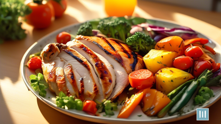 Vibrant and Flavorful Paleo Dinner Recipe: Plate of Grilled Chicken with Colorful Vegetables, Bathed in Golden Sunlight through a Kitchen Window