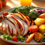 Vibrant and Flavorful Paleo Dinner Recipe: Plate of Grilled Chicken with Colorful Vegetables, Bathed in Golden Sunlight through a Kitchen Window