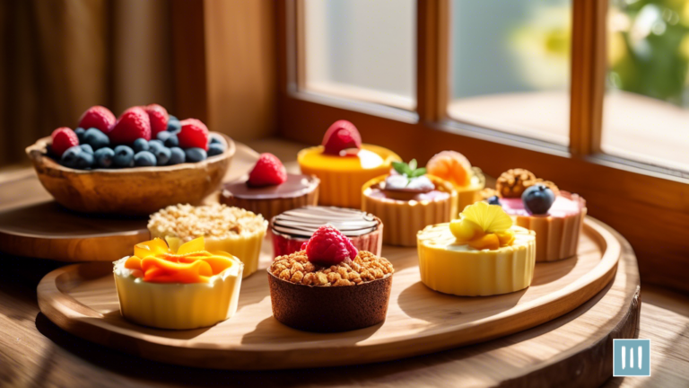 A vibrant assortment of colorful and delicious raw vegan desserts on a wooden table, illuminated by natural light streaming through a nearby window.