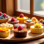 A vibrant assortment of colorful and delicious raw vegan desserts on a wooden table, illuminated by natural light streaming through a nearby window.