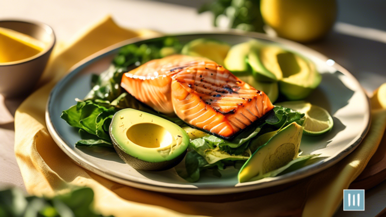 Delicious and Nourishing Keto-friendly Meal: Grilled Salmon, Avocado Slices, and Leafy Greens, Illuminated by Golden Sunlight