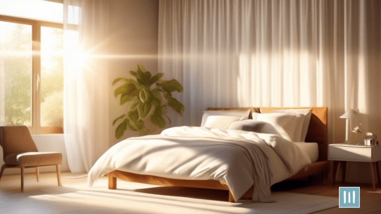 Serene bedroom scene with soft morning sunlight streaming through sheer curtains, showcasing a neatly made bed with a plush duvet and a fitness tracker on a bedside table, emphasizing the link between sleep and weight loss.