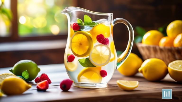 Glass pitcher filled with lemon water surrounded by colorful fruits on a wooden table, perfect for a sugar detox for weight loss