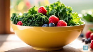 A close-up shot of a vibrant array of superfoods including kale, berries, and nuts, bathed in bright natural light streaming through a kitchen window. Ideal for holistic health and wellness concepts.