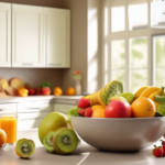 An inviting sunlit kitchen with an array of vibrant superfoods, including a beautifully arranged fruit bowl, a colorful smoothie, and an open cookbook, inspiring holistic weight loss and nourishment.