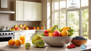 An inviting sunlit kitchen with an array of vibrant superfoods, including a beautifully arranged fruit bowl, a colorful smoothie, and an open cookbook, inspiring holistic weight loss and nourishment.