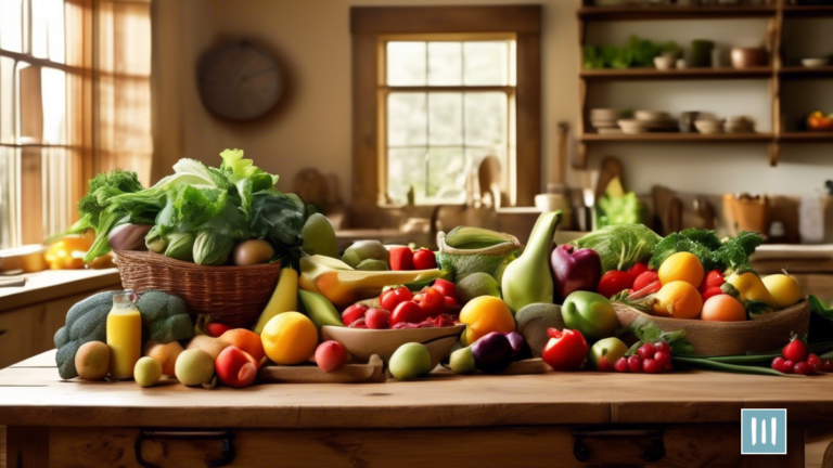 Alt text: A sunlit kitchen scene showcasing sustainable strategies for long-term weight loss. Fresh fruits and vegetables beautifully arranged on a rustic wooden table, illuminated by natural light.
