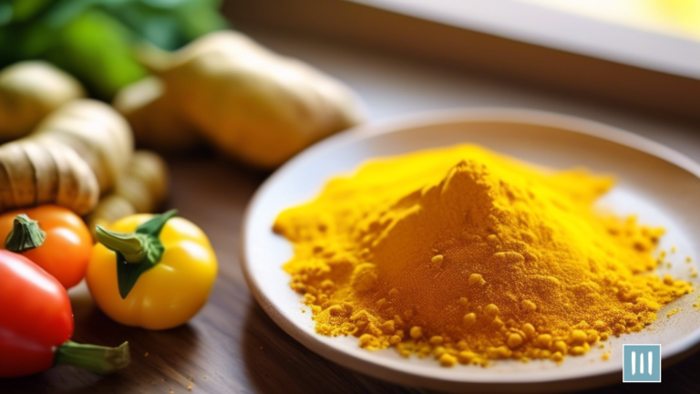 Close-up shot of vibrant yellow turmeric root powder sprinkled on a plate with fresh vegetables, bathed in bright natural sunlight.