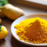 Close-up shot of vibrant yellow turmeric root powder sprinkled on a plate with fresh vegetables, bathed in bright natural sunlight.