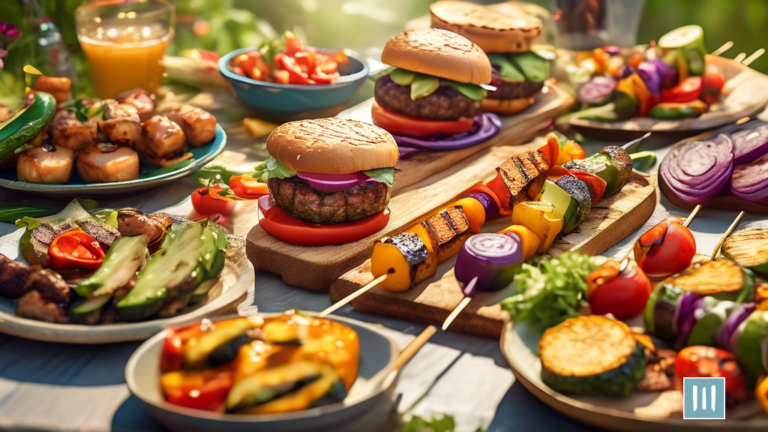 Delicious Vegan Barbecue Feast: Vibrant plant-based burgers, grilled veggies, and marinated tofu skewers sizzle on the grill amidst a golden glow of abundant natural sunlight.