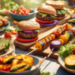 Delicious Vegan Barbecue Feast: Vibrant plant-based burgers, grilled veggies, and marinated tofu skewers sizzle on the grill amidst a golden glow of abundant natural sunlight.