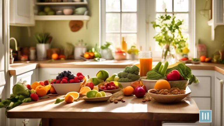 Vibrant sunlit kitchen table adorned with a variety of colorful fruits, vegetables, nuts, and whole grains, representing the brain-boosting potential of a vegan diet.