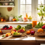 Vibrant sunlit kitchen table adorned with a variety of colorful fruits, vegetables, nuts, and whole grains, representing the brain-boosting potential of a vegan diet.