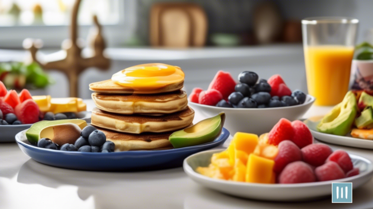 Delicious vegan breakfast spread featuring golden avocado toast, fluffy blueberry pancakes, and a vibrant fruit salad on a sunlit kitchen countertop.