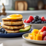 Delicious vegan breakfast spread featuring golden avocado toast, fluffy blueberry pancakes, and a vibrant fruit salad on a sunlit kitchen countertop.