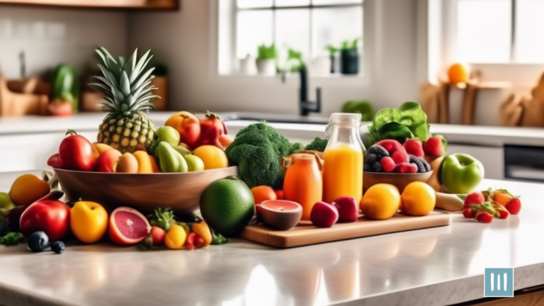 Vibrant vegan meal prep ideas: A sunlit kitchen countertop adorned with neatly arranged colorful fruits, vegetables, and chopping boards, showcasing the freshness and textures of plant-based ingredients.