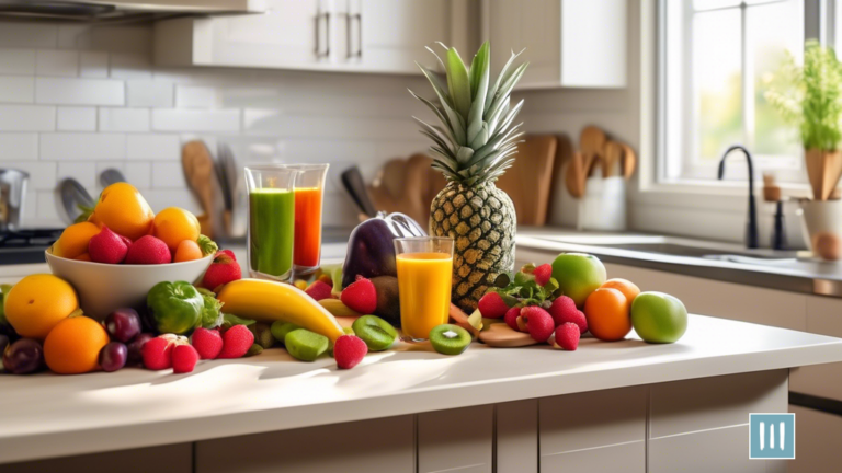 Vibrant vegan weight loss journey: Sunlit kitchen countertop with colorful fruits, vegetables, and blender, showcasing the essence of successful plant-based diet.