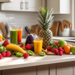 Vibrant vegan weight loss journey: Sunlit kitchen countertop with colorful fruits, vegetables, and blender, showcasing the essence of successful plant-based diet.