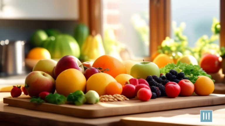 Vibrant vegetarian meal prep with colorful fruits, vegetables, and grains neatly arranged on a wooden cutting board, illuminated by natural sunlight in a kitchen setting