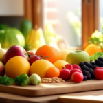 Vibrant vegetarian meal prep with colorful fruits, vegetables, and grains neatly arranged on a wooden cutting board, illuminated by natural sunlight in a kitchen setting