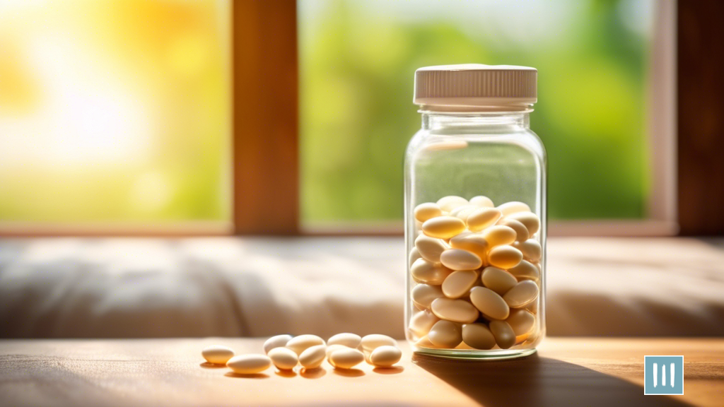White kidney bean extract capsules in a transparent glass bottle on a wooden table, illuminated by bright natural light from a sunlit window