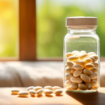 White kidney bean extract capsules in a transparent glass bottle on a wooden table, illuminated by bright natural light from a sunlit window