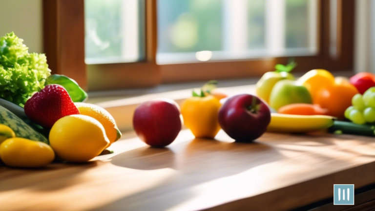 Alt text: Fresh and colorful fruits and vegetables on a wooden cutting board, illuminated by natural light in a kitchen setting. The variety of whole foods promotes gut health and nutrition.
