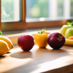 Alt text: Fresh and colorful fruits and vegetables on a wooden cutting board, illuminated by natural light in a kitchen setting. The variety of whole foods promotes gut health and nutrition.