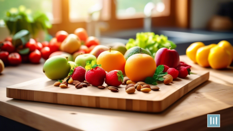 A vibrant spread of fresh fruits, vegetables, nuts, and seeds on a wooden cutting board, illuminated by bright natural light streaming through a kitchen window. Ideal for heart health and whole foods enthusiasts.