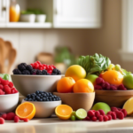 Vibrant sunlit kitchen countertop bursting with energy-boosting whole foods like ripe berries, leafy greens, and juicy citrus fruits.