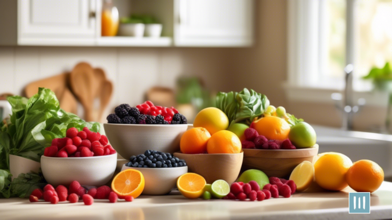 Vibrant sunlit kitchen countertop bursting with energy-boosting whole foods like ripe berries, leafy greens, and juicy citrus fruits.