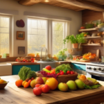 Whole Foods for Gut Health: A vibrant scene of a rustic kitchen flooded with natural light showcases an array of colorful fruits, vegetables, and nourishing whole foods on a wooden countertop.