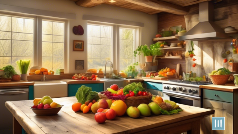 Whole Foods for Gut Health: A vibrant scene of a rustic kitchen flooded with natural light showcases an array of colorful fruits, vegetables, and nourishing whole foods on a wooden countertop.