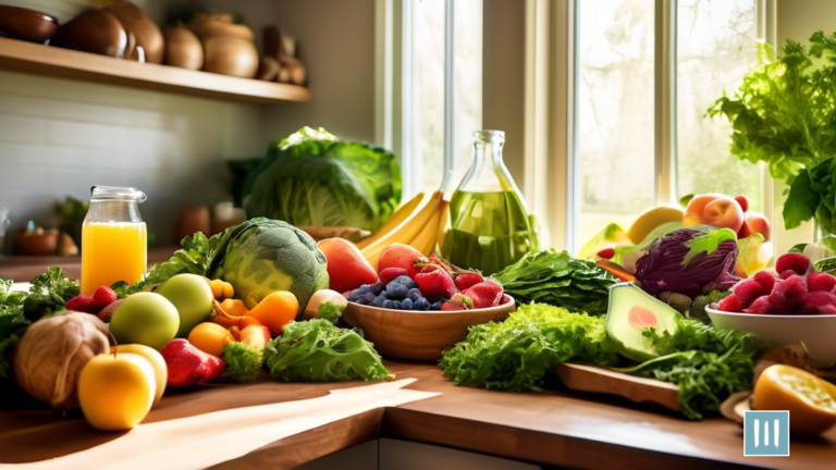Vibrant, sunlit kitchen scene with a variety of colorful whole foods for weight loss, including leafy greens, fresh fruits, lean proteins, and whole grains, highlighting their health benefits.
