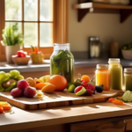 Mastering Whole Foods Meal Prep: A vibrant kitchen scene flooded with sunlight, featuring a wooden cutting board adorned with vibrant fruits and vegetables, a glass jar filled with freshly-made dressing, and a gleaming chef's knife.