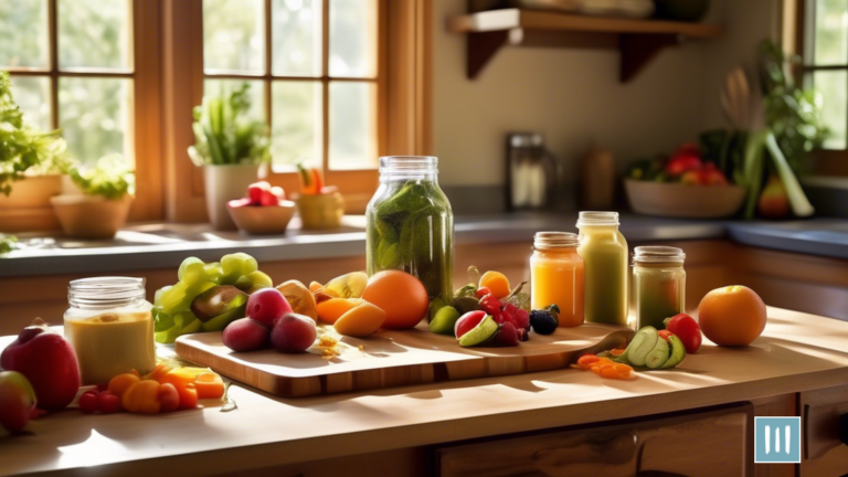 Mastering Whole Foods Meal Prep: A vibrant kitchen scene flooded with sunlight, featuring a wooden cutting board adorned with vibrant fruits and vegetables, a glass jar filled with freshly-made dressing, and a gleaming chef's knife.